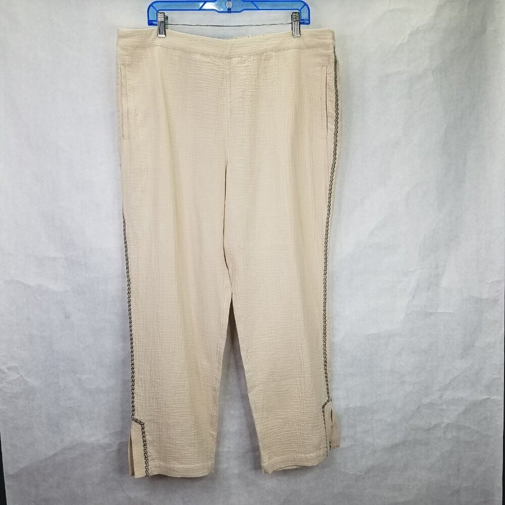Soft Surroundings Gauze Pants Women XL Beige Wide Straight Leg Ankle Embroidery